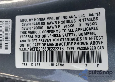 2013 Honda Civic Lx из США, поврежденный, VIN 19XFB2F58DE232216